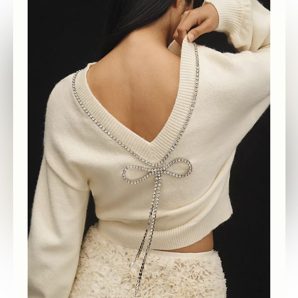 Anthropologie Flat White Embellished Bow V-Neck Sweater
